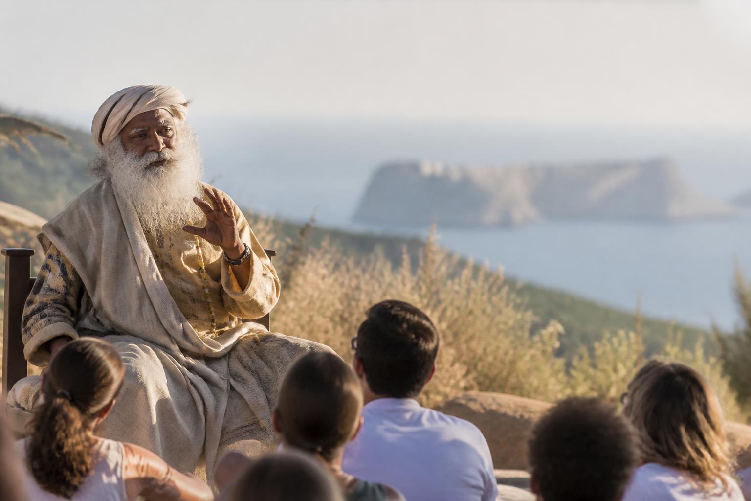 Sadhguru speaking at a small gathering overlooking the Mediterranean